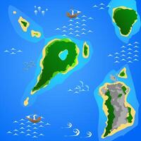 Tropical sea islands view from above in cartoon realistic style. Nautical map Top view of the sea and islands with sandy shores and forest in the center. A lake in the center of the island. vector