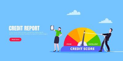 Man and woman push credit score arrow gauge speedometer indicator with color levels. vector