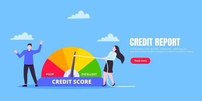Man and woman push credit score arrow gauge speedometer indicator with color levels. vector