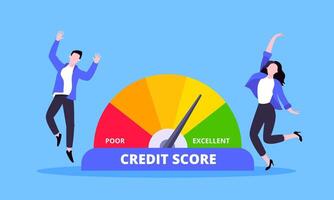 Woman pulls credit score arrow gauge speedometer indicator with color levels. vector