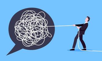 Unravel business chaos process with tangle difficult problem mess business concept flat style design illustration. vector