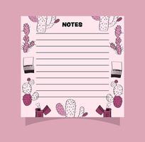 Small square notepad page design with pink cacti. vector