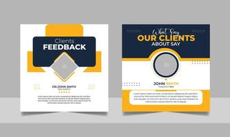 Customer feedback review social media post banner testimonial design square flyer web template set. vector