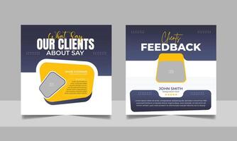 Customer feedback review social media post banner testimonial design square flyer web template set. vector