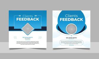 Customer feedback review social media post banner testimonial design square flyer web template set. vector