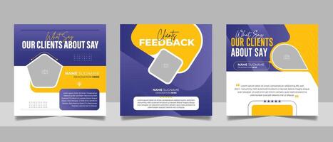 Customer feedback review social media post banner testimonial design square flyer web template set. vector