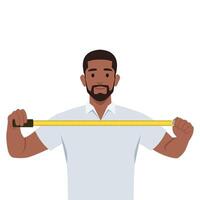 Man with measuring tape offers to find out exact size. vector