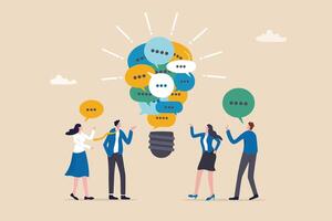 Effective communication, meeting discussion or conversation solution, speak or telling intelligence information, team opinion new idea concept, business people discuss with lightbulb speech bubble. vector