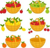 Baskets full of fruits grown in farms, gardens and orchards. Set of farmers fruits in baskets. Apples, pears, lemons, cherries and oranges. vector