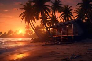 Palm trees on the beach at sunset with a wooden hut in the foreground photo
