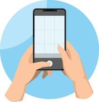 Hand holding phone, taking mobile photo. Making photograph with grid on smartphone screen. vector