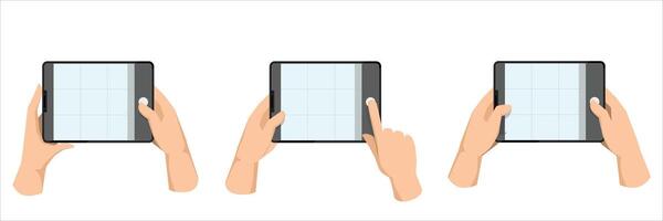 Many hands holding tablet, taking tablet photo. Making photograph with grid on tablet screen. vector
