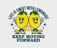 keep moving forward slogan with funny cartoon character of lemon. can be used as sticker, poster, t shirt design, print design. Retro cartoon style illustration vector
