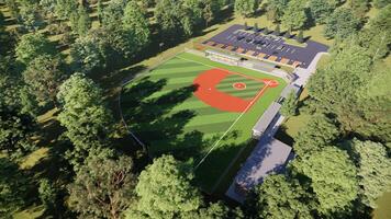 aerial view 3D rendering of a baseball field in the middle of the forest photo