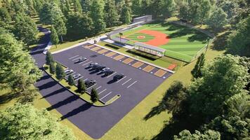 aerial view 3D rendering of a baseball field in the middle of the forest photo