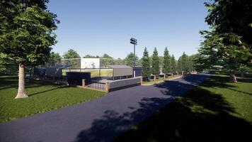 baseball field view from entrance parking area with fence 3d rendering photo