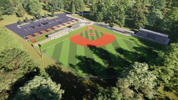 aerial view 3D rendering of a baseball field in the middle of the forest photo