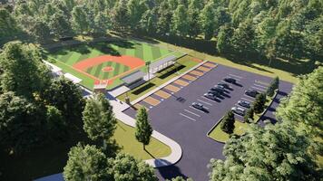 aerial view 3D rendering of a baseball field in the middle of the forest photo