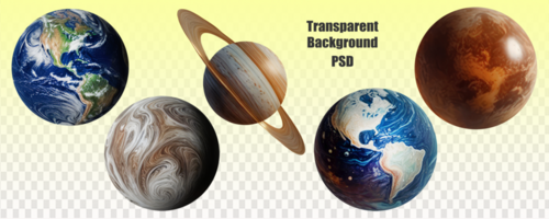 Set of five planets. Isolation on a white background. Astronomical objects drawn on paper. Multicolored orbs. psd