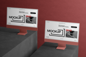 Modern Dual Monitor Desktop Computer Mockup Template psd