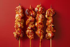 A la parrilla pollo en brochetas en un rojo fondo, parte superior ver foto