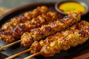 Skewers of chicken on a plate, close-up photo