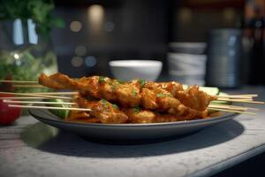 Plate of delicious chicken satay on table in kitchen, closeup photo