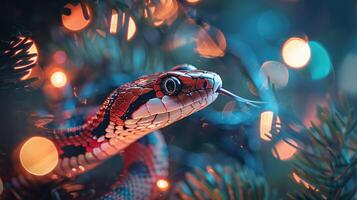 Close up of a colorful snake with its tongue hanging out against a background of holiday bokeh lights and pine branches. Ideal for festive and nature themed New Year and Christmas content photo