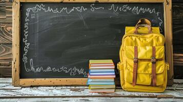 Back to school concept. A yellow school backpack with a stack of books and textbooks near a school board with chalk doodles with copy space for text. School background, template photo