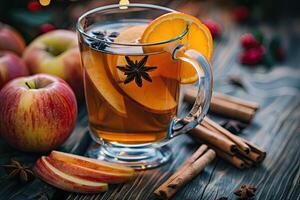 transparente jarra con caliente manzana bebida con anís, canela palos, naranja y manzana rebanadas Fresco manzanas y canela palos mentira lado por lado en un de madera mesa, creando un acogedor otoño atmósfera foto