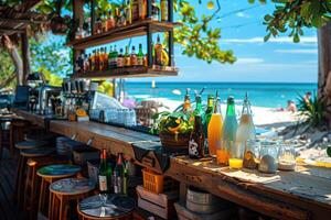 beach bar with a stunning ocean view on a sunny day. The counter is adorned with various colorful drinks and fresh ingredients, creating a perfect tropical vibe for relaxation and enjoyment. photo