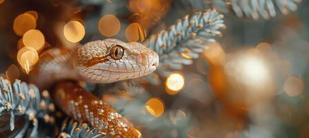 Close up of a snake against a background of holiday bokeh lights and Christmas tree branches. Symbol of 2025 according to the Chinese eastern calendar. Ideal for New Year and Christmas content photo