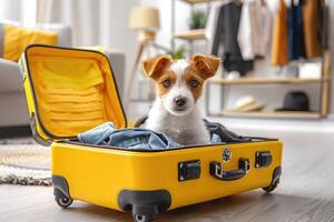 cute Jack Russell puppy sitting in an open suitcase. The traveler dog is ready for travel, weekends and relaxation. Pet in an open yellow suitcase in the middle of the living room. photo