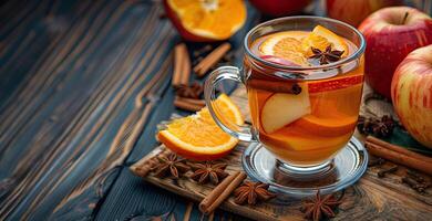 transparente jarra de caliente manzana bebida con anís, canela palos, naranja y manzana rebanadas agrios frutas, manzanas y canela palos en un de madera mesa con espacio para texto y recetas. foto