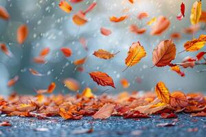Autumn background with autumn leaves falling from a tree, red, yellow, orange autumn leaves falling in the wind to the ground from a tree photo