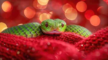 Close up of a green snake on a warm red scarf against a background of holiday bokeh lights. Symbol of 2025 according to the Chinese eastern calendar. Ideal for New Year and Christmas content photo