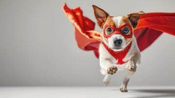 Jack Russell dog dressed as a superhero, wearing a red cape and mask, jumping and flying on a white background with space for text. Superdog, leader, and funny animal concept captured photo