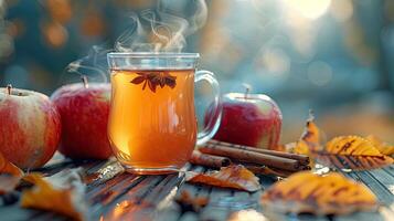 transparente taza vaso con caliente manzana sidra con anís estrellas. vapor sube encima el vaso. de madera mesa decorado con maduro manzanas y canela palos transporta el atmósfera de otoño y frío clima foto