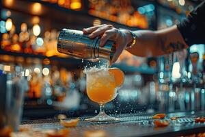the bartender pours a cocktail from a shaker into a glass, creating a splash effect. Warm bar lighting and blurred background. Ideal for nightlife and drink related themes. photo