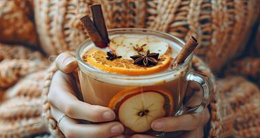atención en mujer manos participación transparente vaso con caliente aromático manzana sidra con piezas de naranja, manzana, canela palos y anís flores acogedor atmósfera de otoño y invierno Navidad Días festivos foto