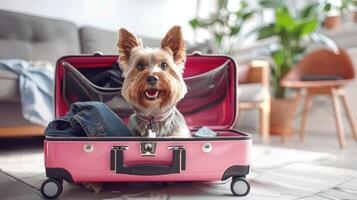 funny Yorkshire Terrier dog is ready for travel, weekends and vacations sitting in an open pink suitcase. Pet traveler in an open suitcase, luggage in the middle of the living room photo