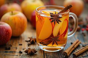 transparente jarra de caliente manzana bebida con anís, canela palos, naranja, y manzana rebanadas Fresco manzanas y canela palos en un de madera mesa añadir a el acogedor otoño atmósfera foto