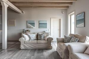 Minimalist living room interior in Scandinavian style with walls and paintings in neutral tones. The ceiling beams are wooden, the sofa is covered with natural cotton fabrics photo