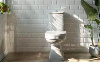 modern bathroom with a white ceramic toilet against glossy subway tiles. Sunlight filters in, illuminating a potted plant and creating a serene ambiance photo