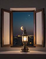 Lantern and Crescent Moon View Through the Window photo