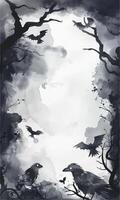 Monochrome halloween background with bats and crows. Watercolor halloween frame, template. vector