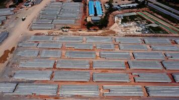 Aerial view of a cement bridge under construction. Road currently under construction at several levels to increase traffic video