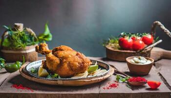 Copy Space image of Fried and Crispy Chicken Gizzards on a Rustic Wooden Table with landscape view background. photo