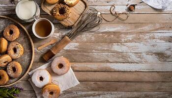 Copy Space image of Variety of donuts over a rustic background shot from overhead photo