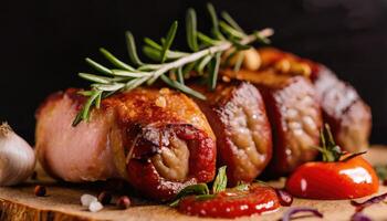 Copy Space image with close up of barbecue ribs on cutting board over wooden table. photo